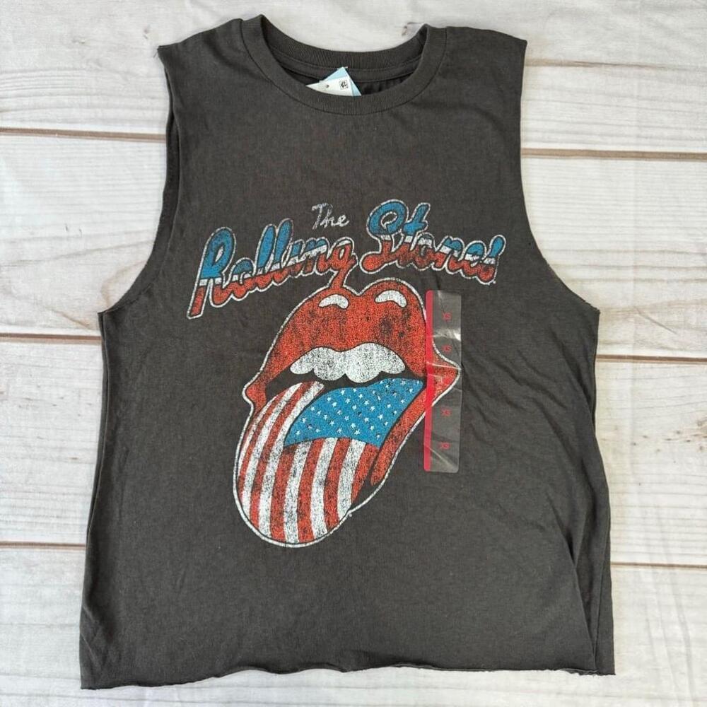 Epic Rolling Stones Faded Black Vintage Look Thrashed Patriotic Logo Cut Off Tee